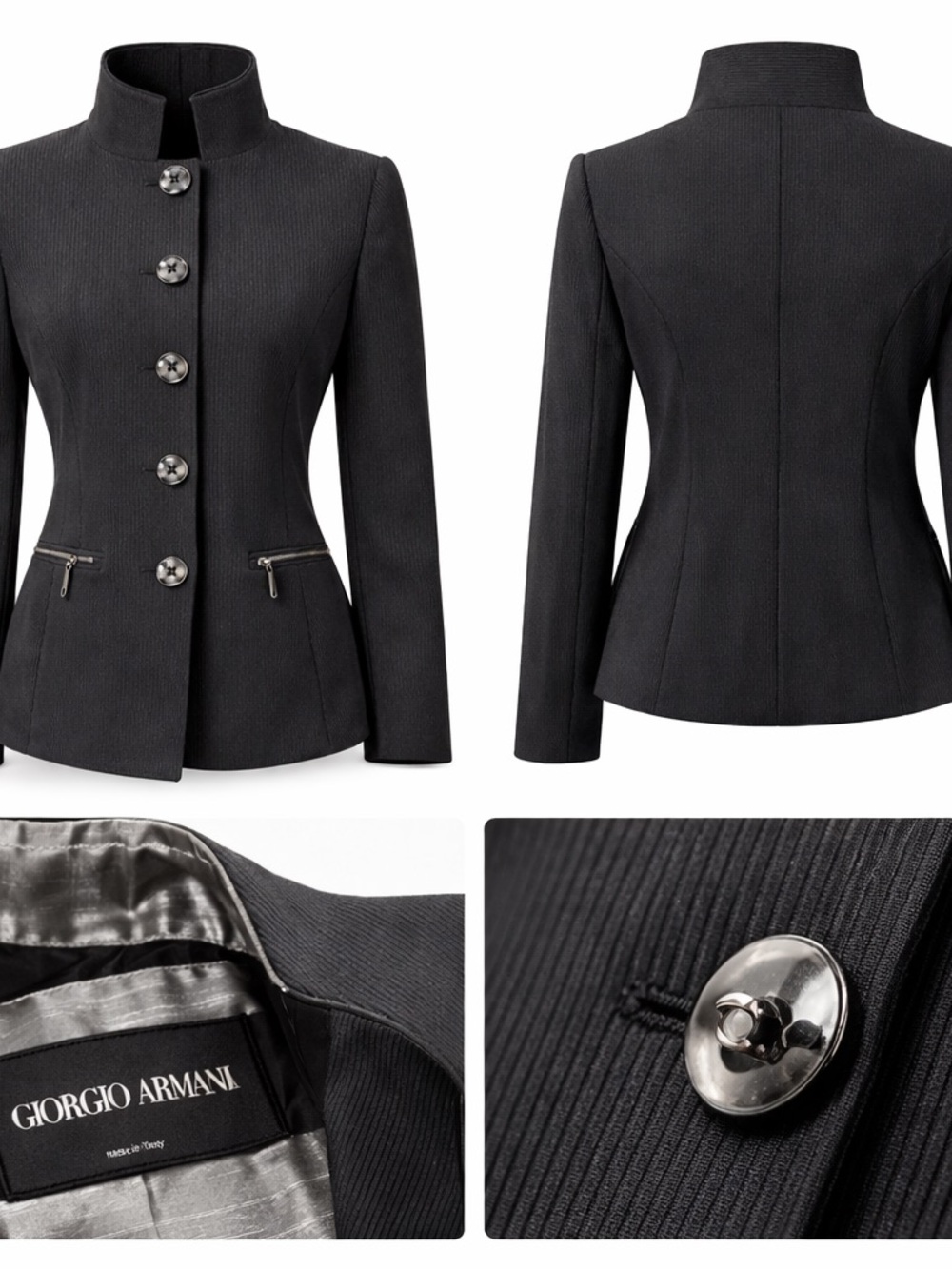 Giorgio Armani Black Ribbed Mandarin Collar Fitted Jacket Blazer IT 40 Italy